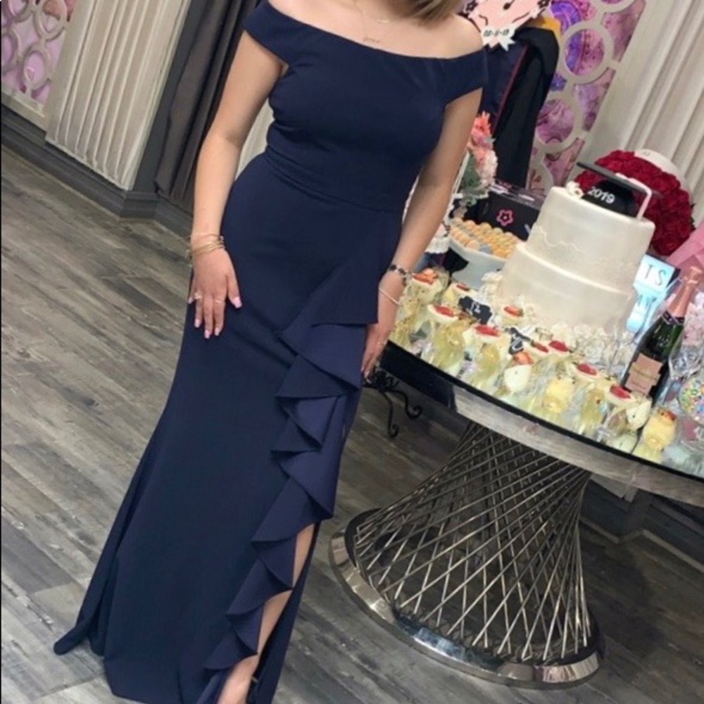 Lulu’s maxi navy blue off shoulder dress.